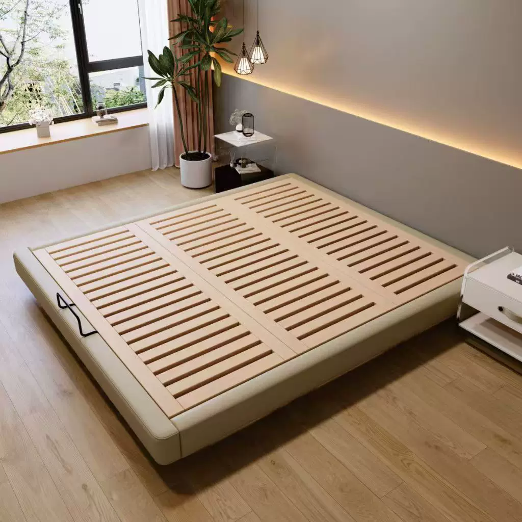 全实木床榉木排骨架无床头悬浮床小户型家居轻奢奶油风齐边悬浮床