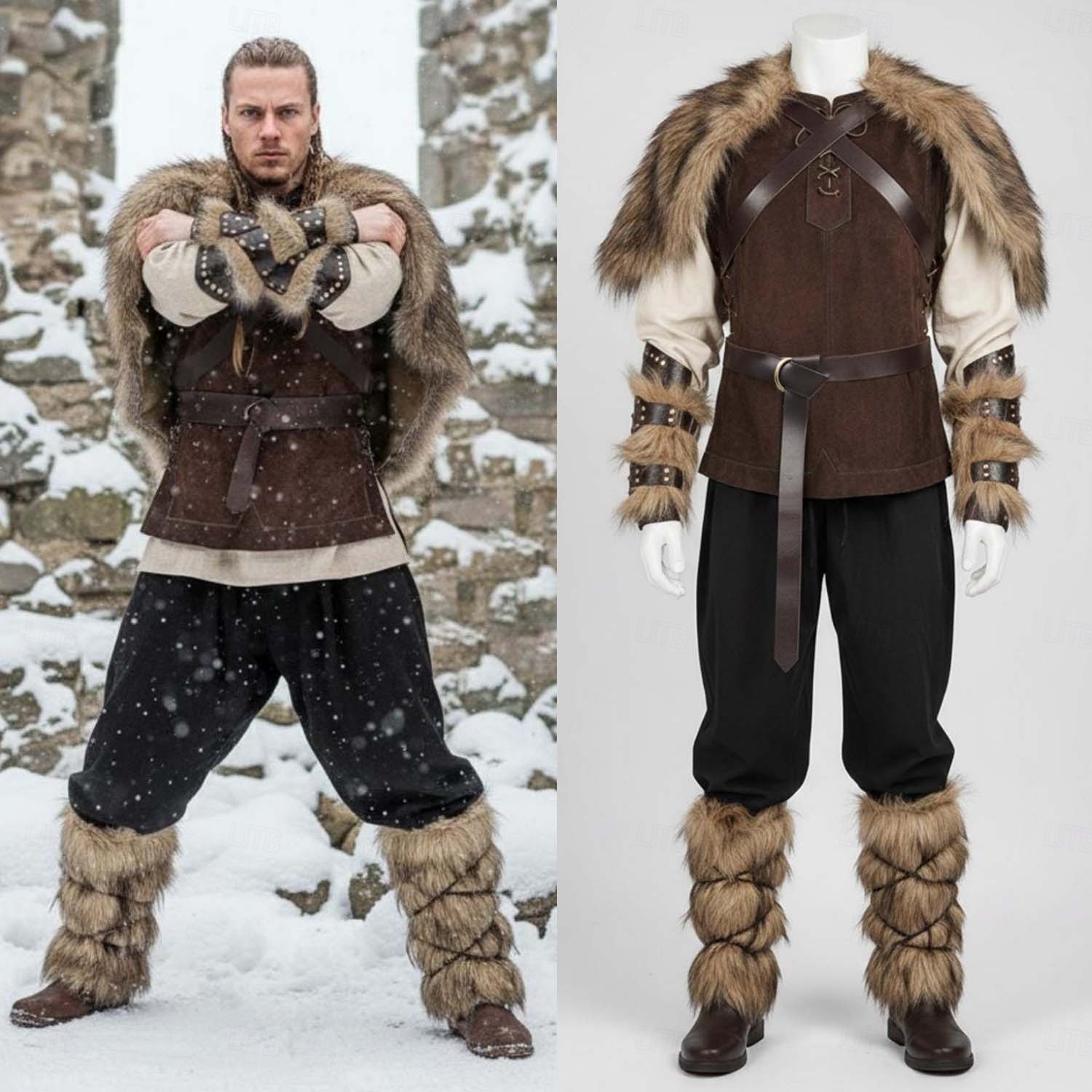 8-Piece Set of Medieval Renaissance Knee-Length Costumes, Fancy Dress, Faux Fur Costumes, Warrior Barbarian