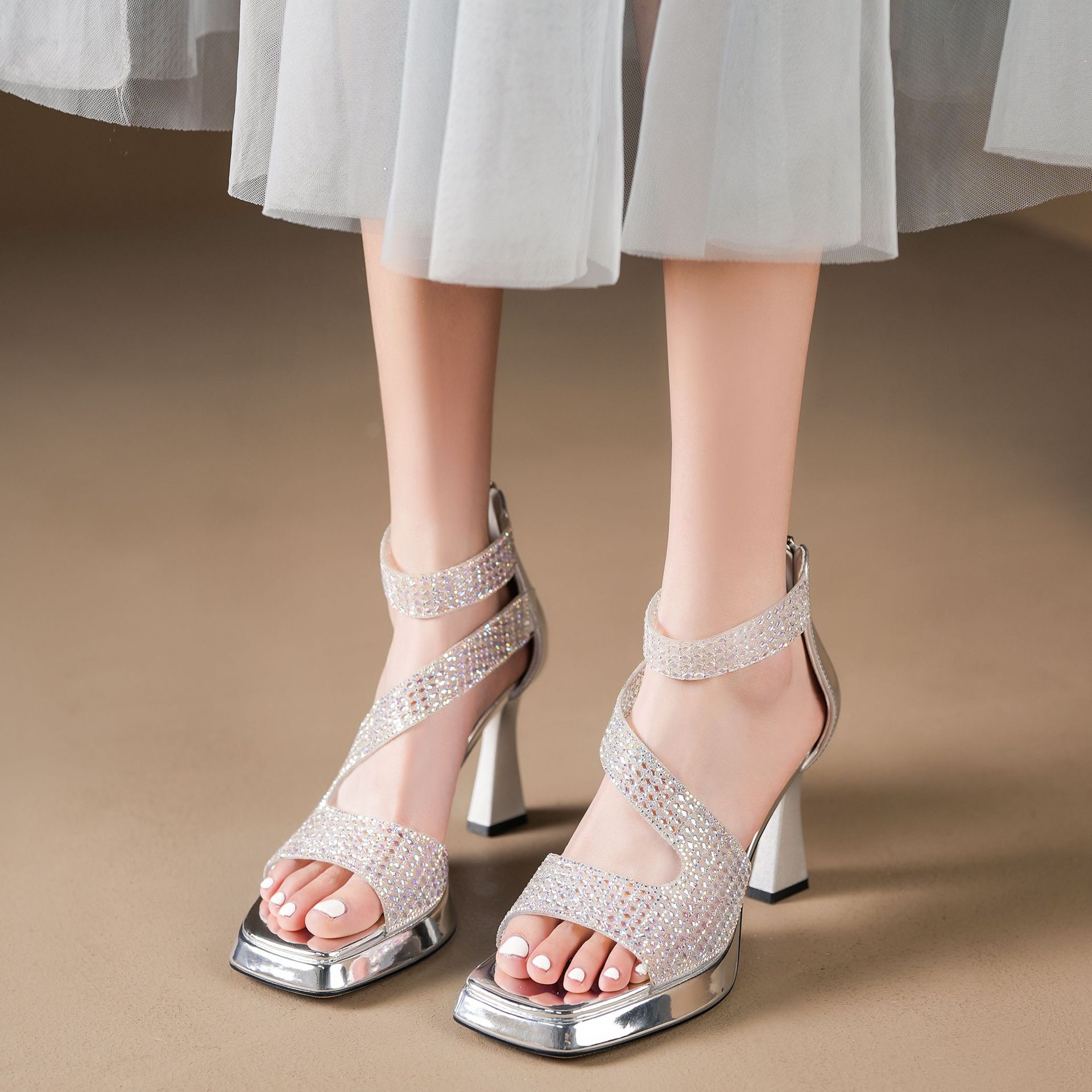 Y5751 Sommerliche französische Strass-Sandalen mit offener Zehenpartie, wasserdicht, Plateau, dicker Absatz, bequem, hohe Absätze, geschlossen_voghion.com