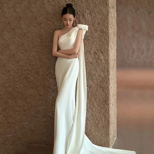 European and American Dress One-Shoulder Light Wedding Dress White Satin Outing Gauze Trailing Bride Wedding Fishtail Car Show Dress for Women