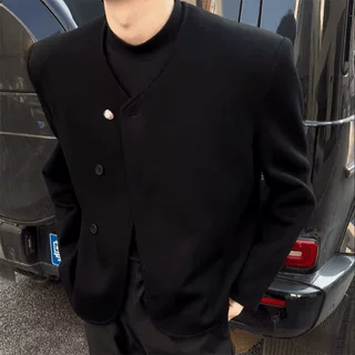 痞帅风男士外套小香风春秋短款高级设计感小众无领正肩夹克外套