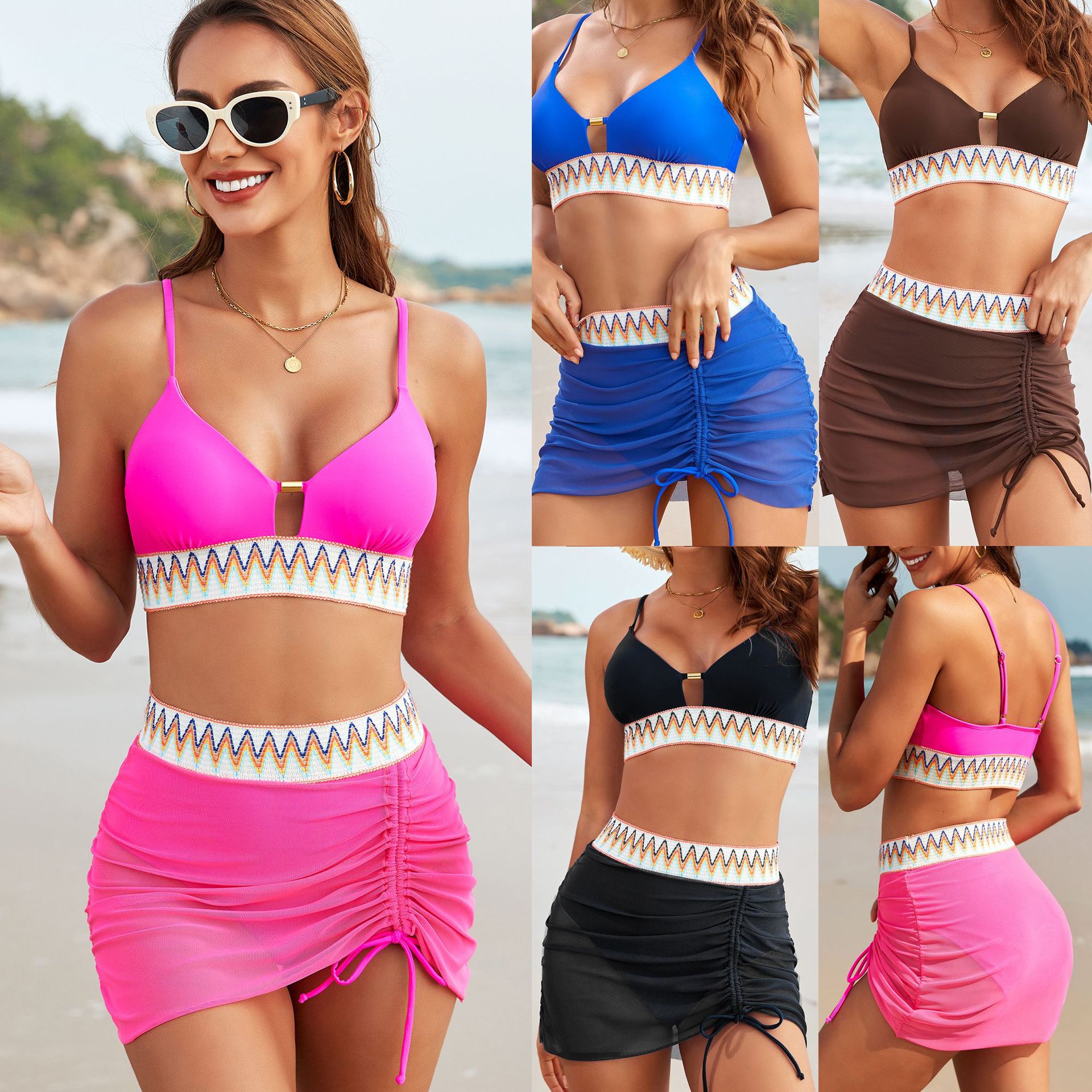 2026 Swimsuit European and American Style Two-Piece Ribbon Swimwear Mesh Skirt Style Popular Bikini