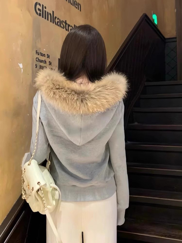 灰色毛领短款开春外套女春秋韩系chic慵懒修身上衣早春季穿搭卫衣|undefined