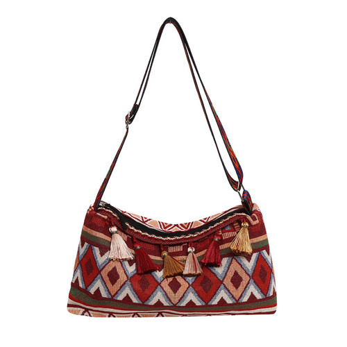 Cross-border 2024 summer new ethnic style bag women's trendy crossbody bag wide shoulder strap women's bag foreign style tassel bucket bag