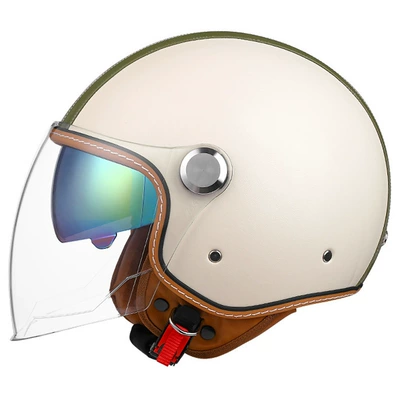 female male retro leather helmet, Motosiklet kaskı (dəbilqə) - two-color-strip-off-white-long-outer-and-inner-color-m