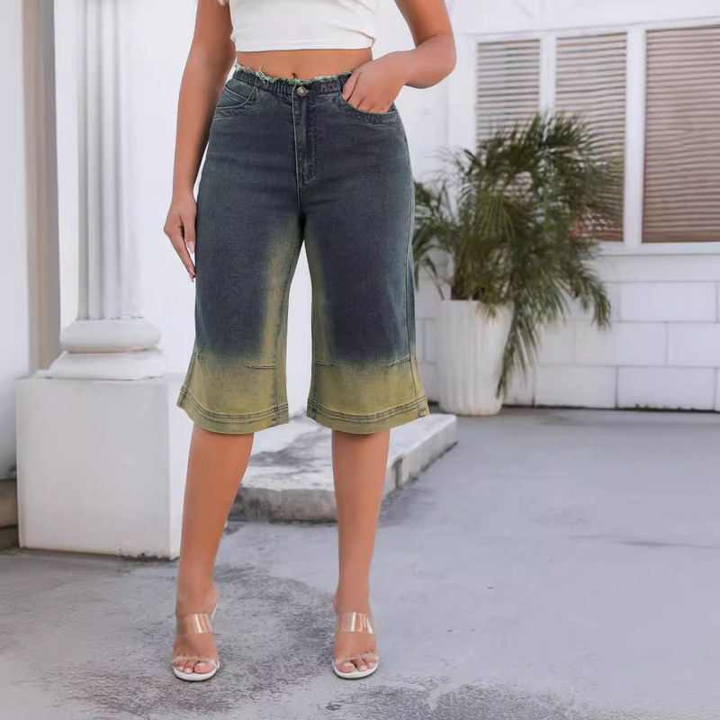 New Style Loose Jeans 2026 Summer Fashion Design Mid-Waist Elastic Straight-Leg Cropped Pants for Women