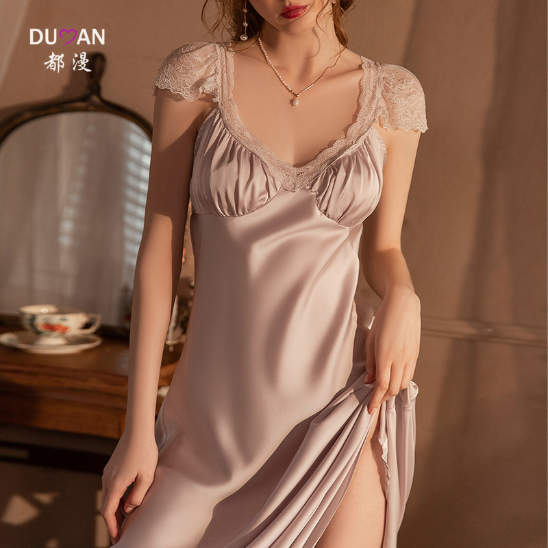 French-Style Light Luxury Silky Satin Nightgown for Women, Pure and Elegant, Can Be Worn Outside, Short-Sleeved Nightdress, Long Dress, Wholesale from Manufacturer