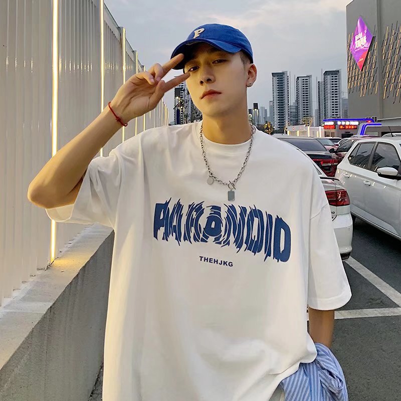 plus size Short-sleeved T-shirt Men's Summer Hong Kong Style Ins Trendy Teenager All-match Loose Round Neck Letter Printed Casual Top