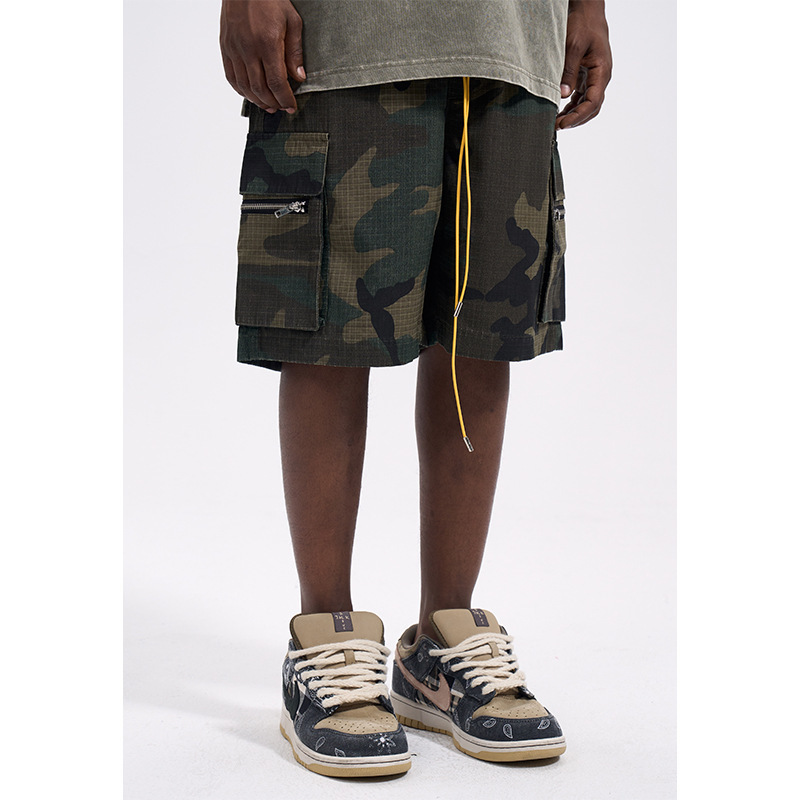 High Street Washed Trendy Camouflage Cargo Shorts for Men, Retro Casual Loose Summer Drawstring Versatile Trendy Knee-Length Shorts