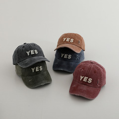 YES字母破洞做舊棒球帽兒童帽子軟頂男童女童復古時尚兒童鴨舌帽