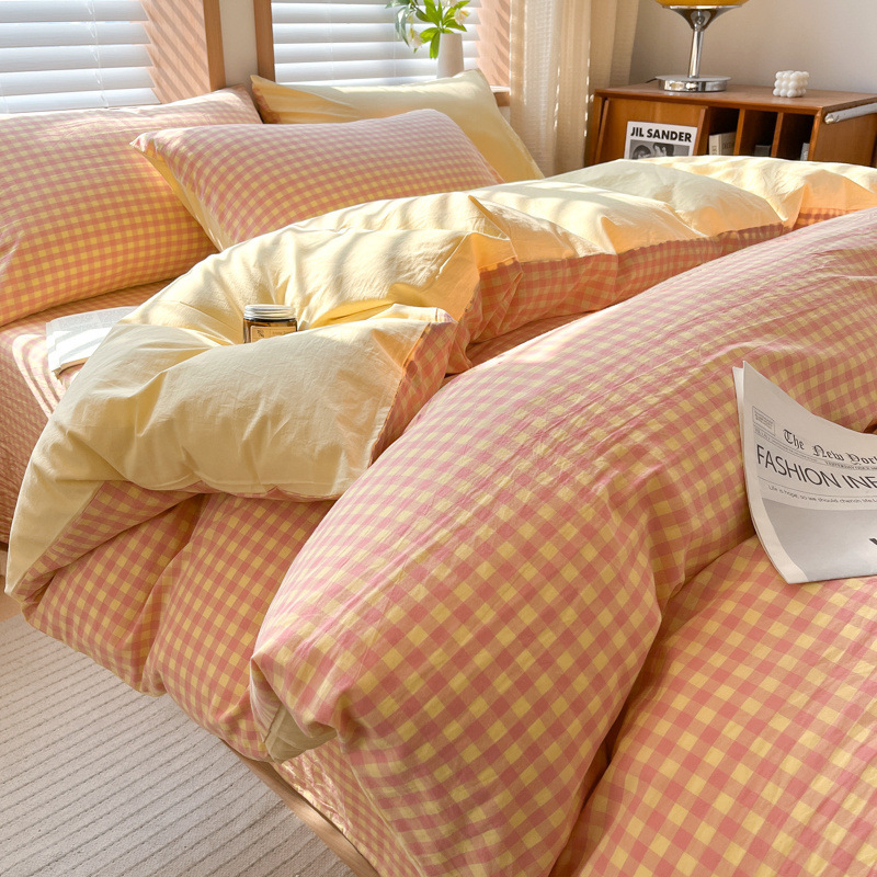 Juego de cuatro piezas de algodón lavado teñido en hilo para estudiantes 2025 nuevo juego de sábanas de edredón de dormitorio de estudiantes de tres piezas