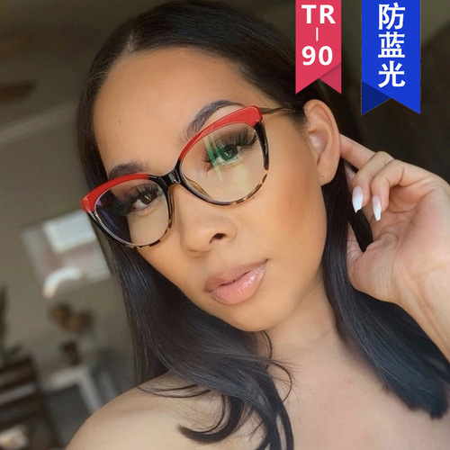 TR90 anti-blue light cat eye retro glasses frame  new frame female personality large frame flat mirror European and American glasses frame trend