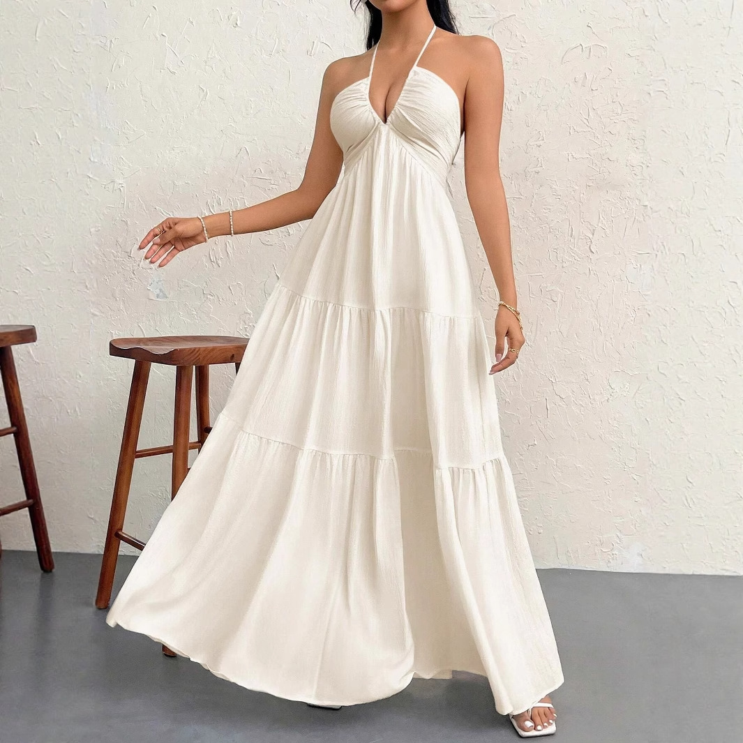 2025 new foreign trade women's romantic beach vacation backless V-neck white pleated A-line dress