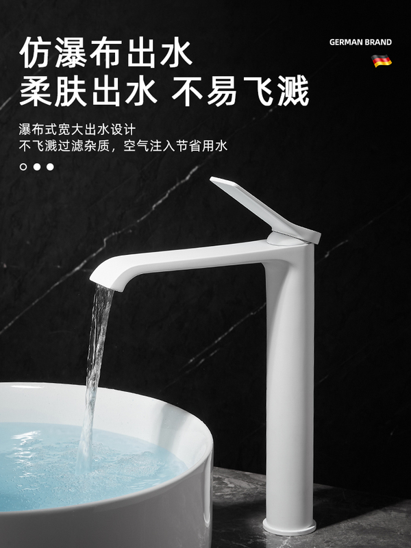 White Faucet for Countertop Basin, Elevated Bathroom Washbasin, All-Copper Waterfall Style Faucet, Bathroom Sink White Faucet for Countertop Basin, Elevated Bathroom Washbasin, All-Copper Waterfall Style Faucet, Bathroom Sink