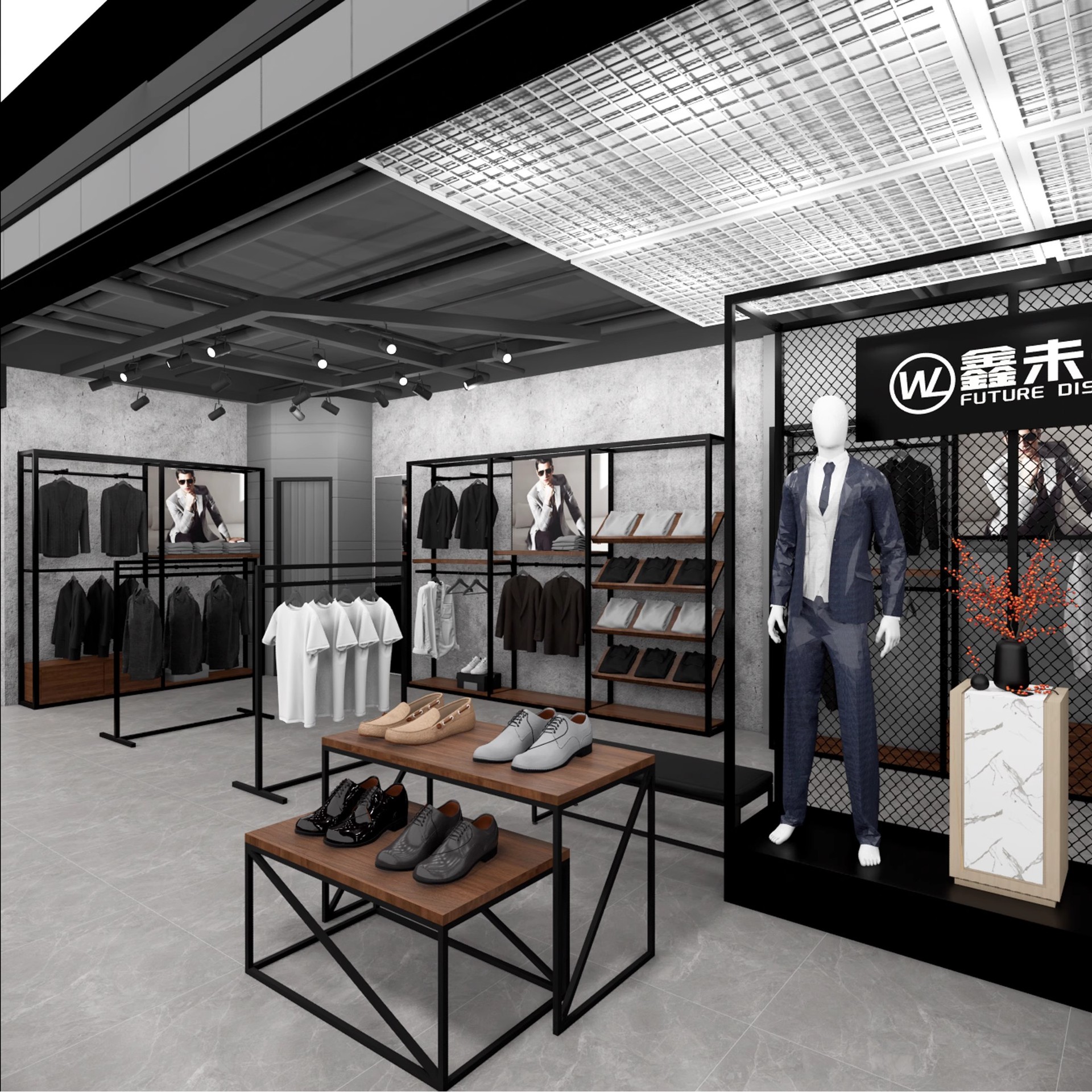 Tienda de ropa de hombre de marca tienda de ropa personalizada estante de exhibición estante de mostrador del centro comercial tipo piso estante de exhibición multicapa