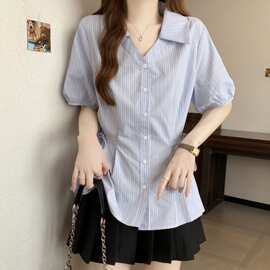 大码女装韩版系带收腰条纹短袖领衬衫女夏季显瘦气质时尚上衣