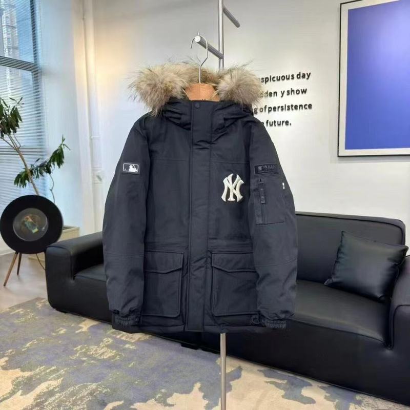 MLB韩国羽绒服2024冬季洋基队ny中长款防风毛领工装连帽情侣外套|undefined