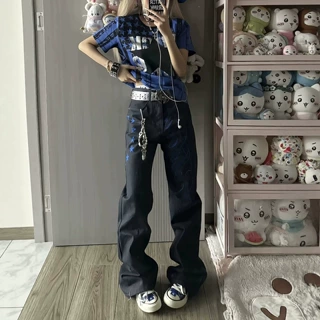 春夏蓝色阔腿拖地牛仔裤简约侧边蓝色星星涂鸦男千禧日常百搭长裤