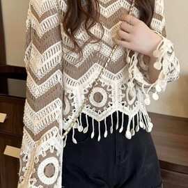 钩花镂空波西米亚流苏条纹针织衫上衣女短款春季冰丝薄款防晒罩衫