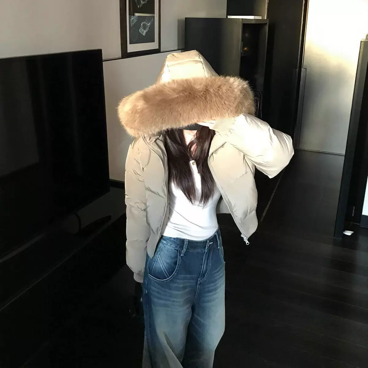 羽绒服女短款冬季大毛领连帽90白鸭绒收腰加厚时尚洋气时髦小个子