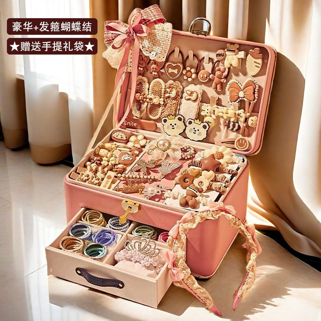 커피컬러 헤어 액세서리 세트 선물박스 [디럭스에디션 + 헤어밴드] 핑크