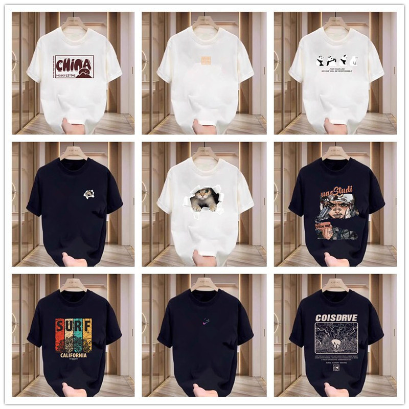 Men's T-shirt TikTok Internet Popular Fashionable Brand Summer Men's Loose plus size Crewneck Printed Sports Top Base Shirt