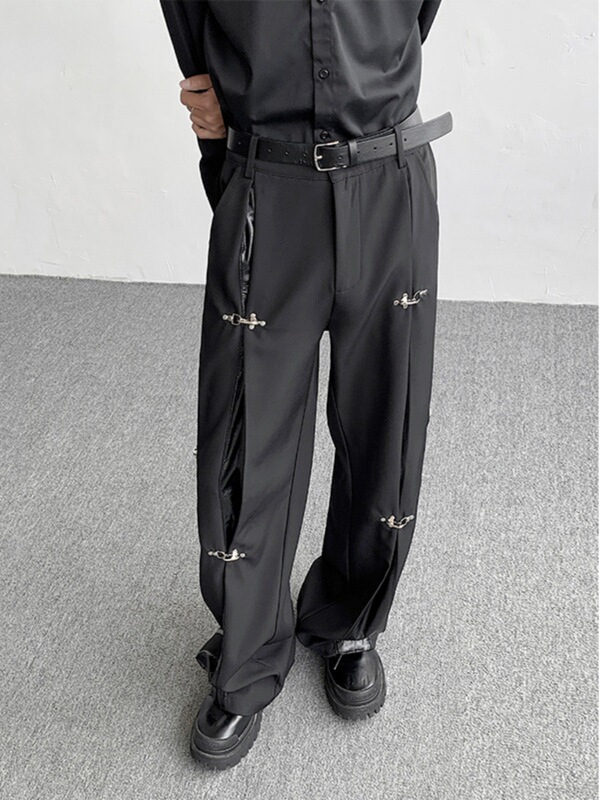 Autumn Niche Metal Airplane Buckle Design Deconstructed Men's Korean Style Pu Leather High-End Wide-Leg Trousers