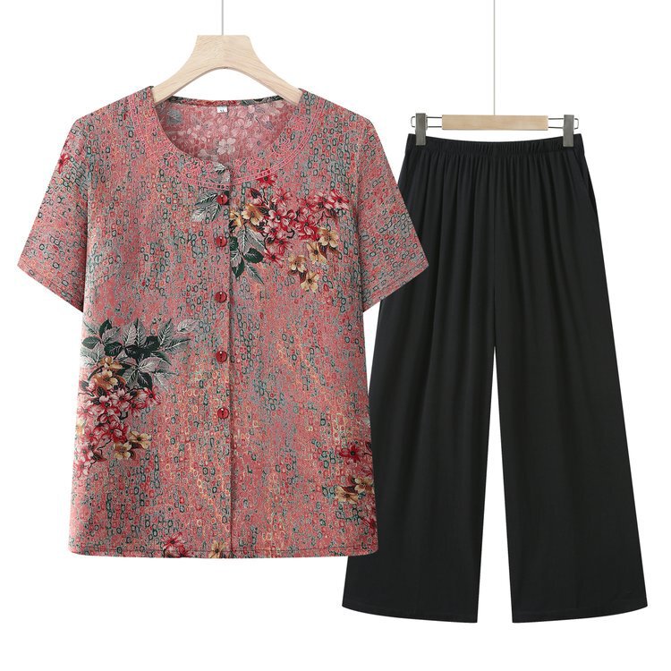 Grandma Summer Cotton Silk suit Middle-aged and Elderly Short-sleeved Cardigan Female Mother Home Clothes Old Lady Cardigan Pajamas