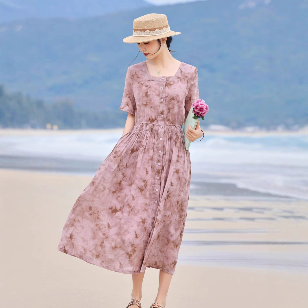 2025 летний новый стиль искусства повседневный принт с квадратным вырезом длинная юбка с веревкой для талии темпераментное платье рами женский