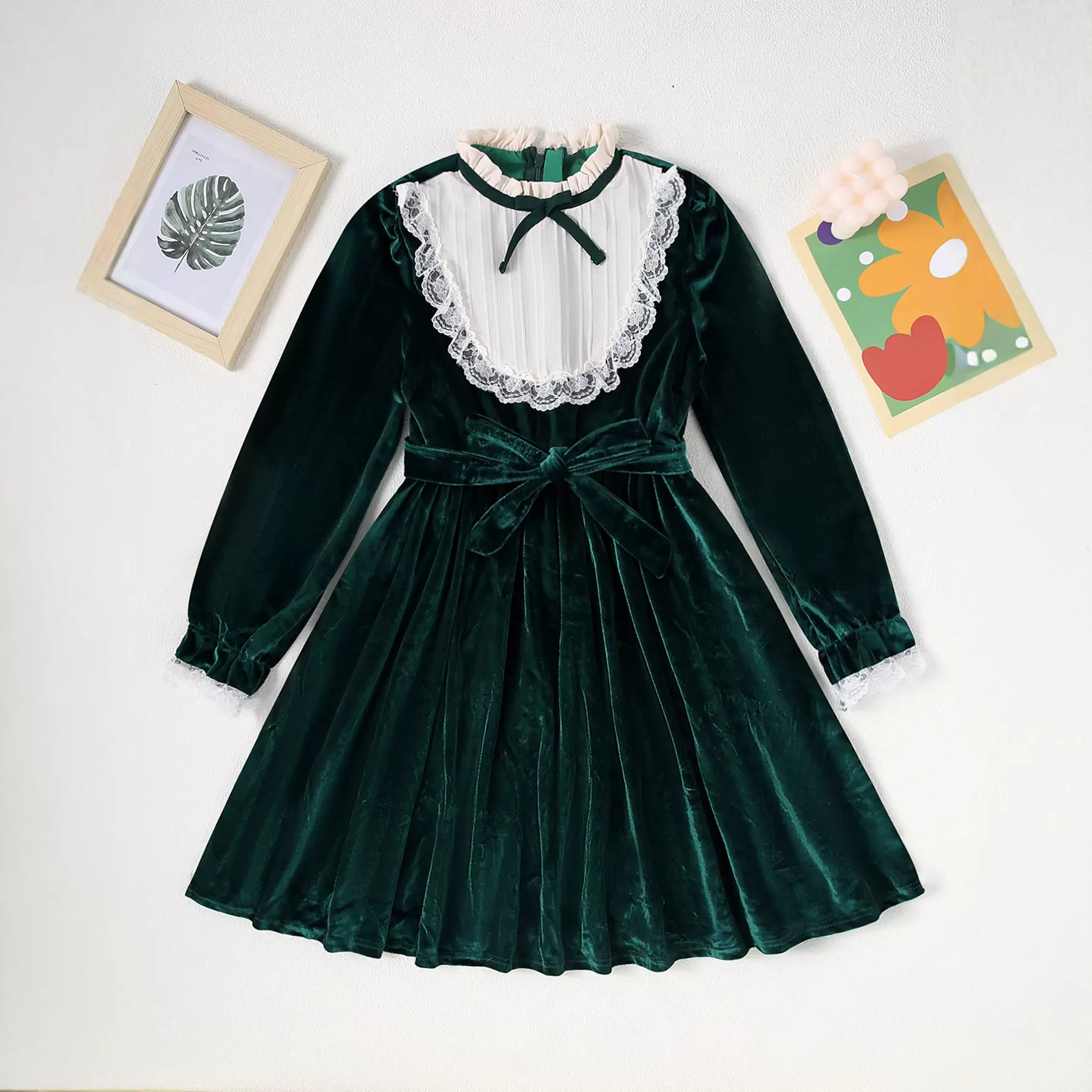 亚马逊爆款春秋季女童优雅丝绒收腰花边纯色复古优雅外出连衣裙