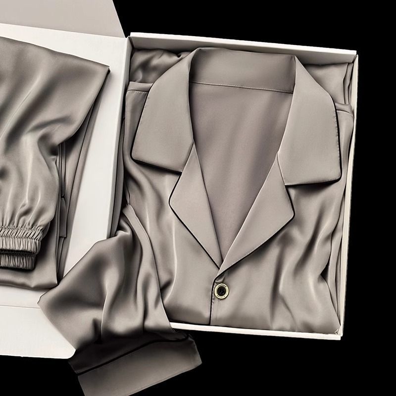 High-End Silk Pajamas for Men in Spring and Autumn Long-Sleeved Mulberry Silk Summer Color Home Clothes Gift Box Set