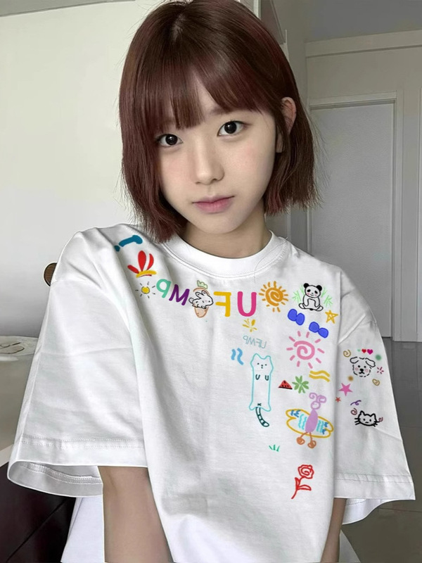 趣味卡通涂鸦白色短袖t恤女夏季2025新款oversize设计感小众上衣|undefined
