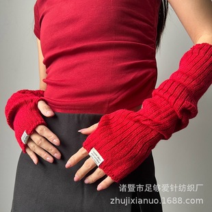 Shano Autumn and Winter Warm Gloves Cloth Label Fingerless Gloves Wool Knitted Arm Sleeves Christmas Red Sleeves 244