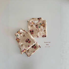 韩系女童居家服套装2025秋冬新款洋气可爱卡通KT棉纱薄款睡衣套装