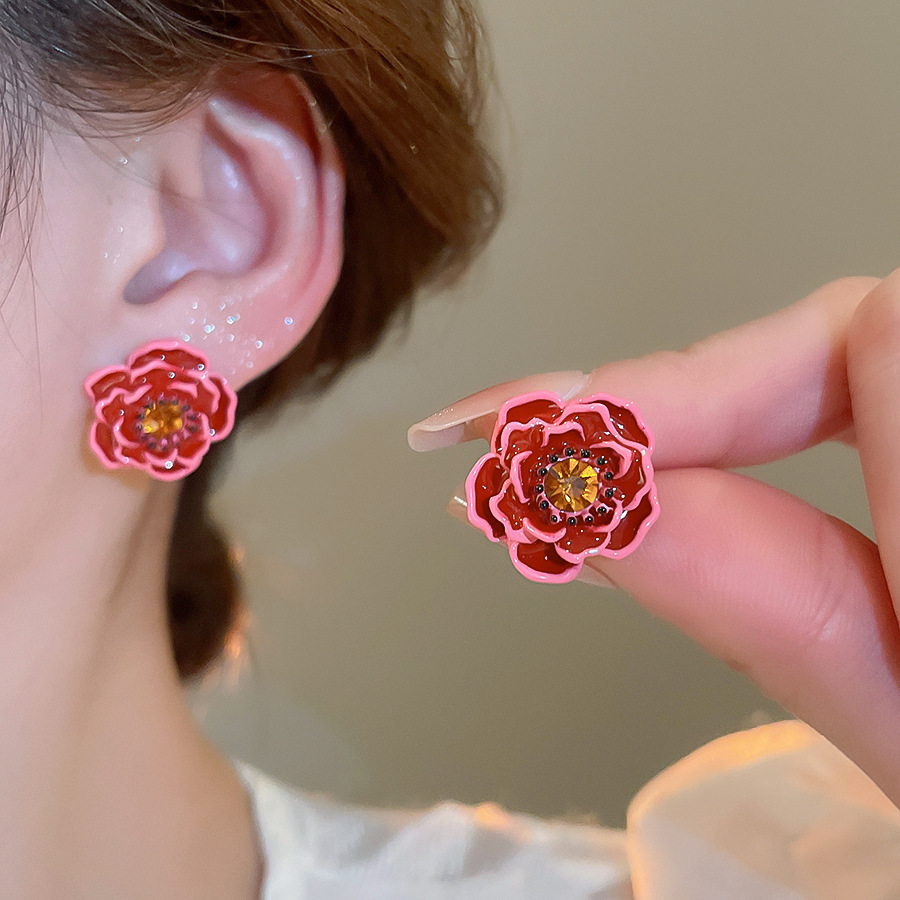 Pendientes de flores de color dopamina Pendientes dulces y frescos de primavera y verano Pendientes pequeños y elegantes de alta gama para mujer