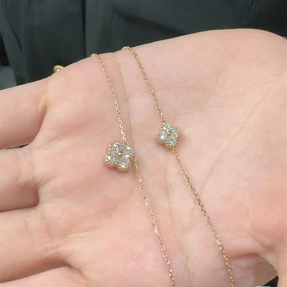 S925 Silver Clover Necklace Gold Plated With Diamond Accent_voghion.com