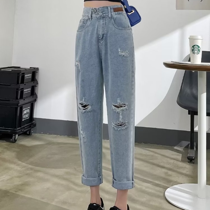 Harem ripped jeans women's summer thin 2023 Spring and Autumn New slim slimming straight cropped pants