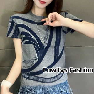 厂家直供好评如潮90%棉10%氨纶时尚线条印花纯棉短袖T恤女打底衫