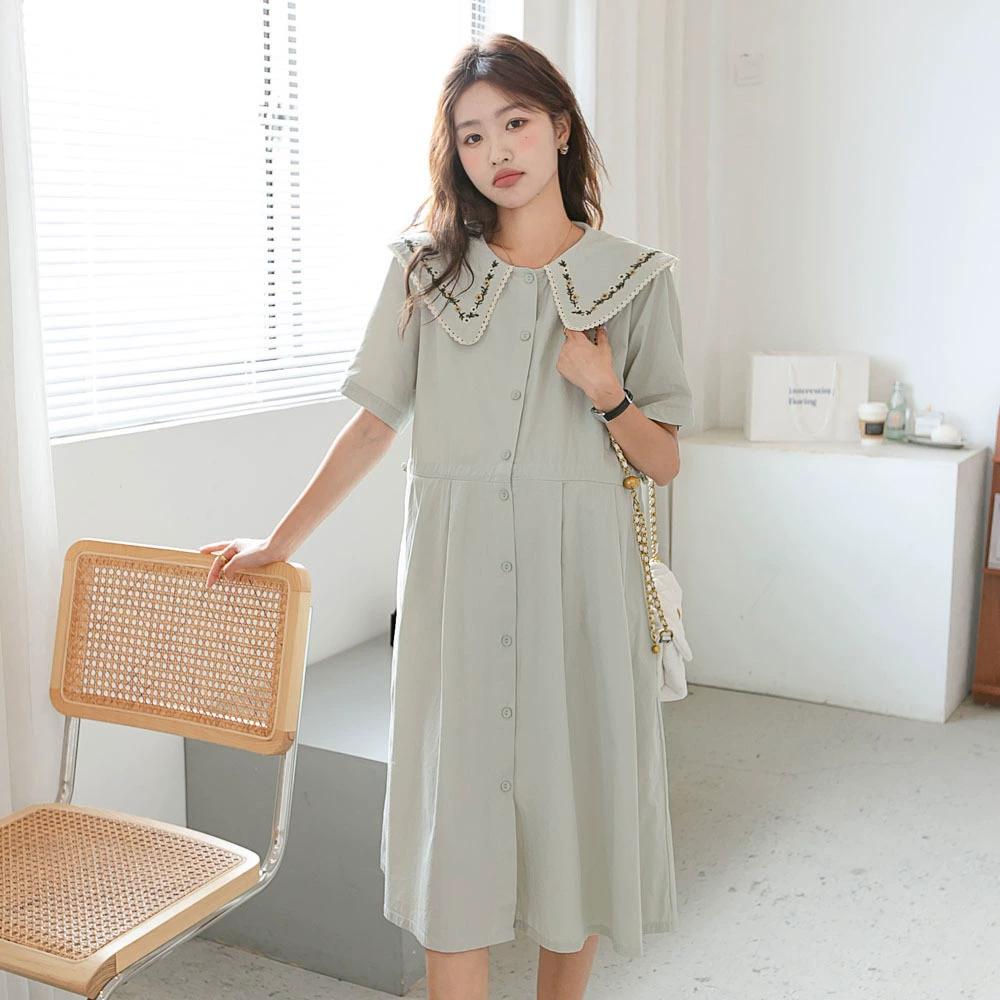 Лето Новый материнства юбка мода стиль возраст сокращения вышивка платье отворотом длинная рубашка юбка прилив