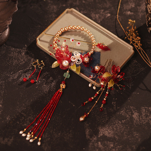 New Chinese style bride headdress ancientry tassel hair cheongsam toast after dish hair styling accessories XiuHe hair accessories