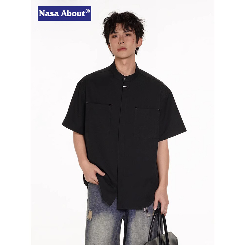 NASA Trendy Brand Summer Puffy Handsome Boys Draped Collar Shirt Short-sleeved Loose Casual New Chinese Black Shirt Top