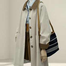 日系卡其风衣秋新款女装巴恩松弛感显瘦撞色翻领中长外套