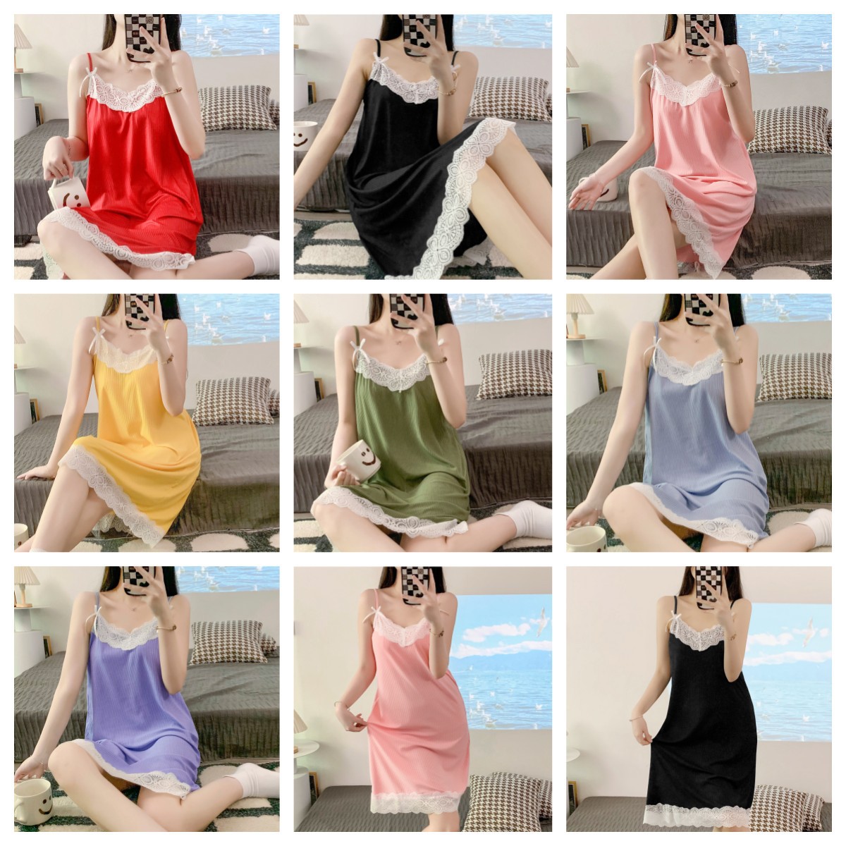 Comercio exterior al por mayor verano camisón chica leche hilo de seda tire marco fino pijamas estudiante encaje desgaste en el hogar