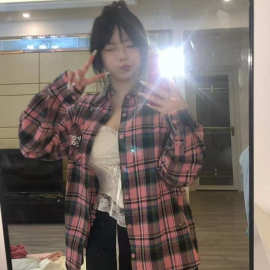 韩版复古oversize撞色格子休闲衬衫女美式高街设计感宽松外套上衣