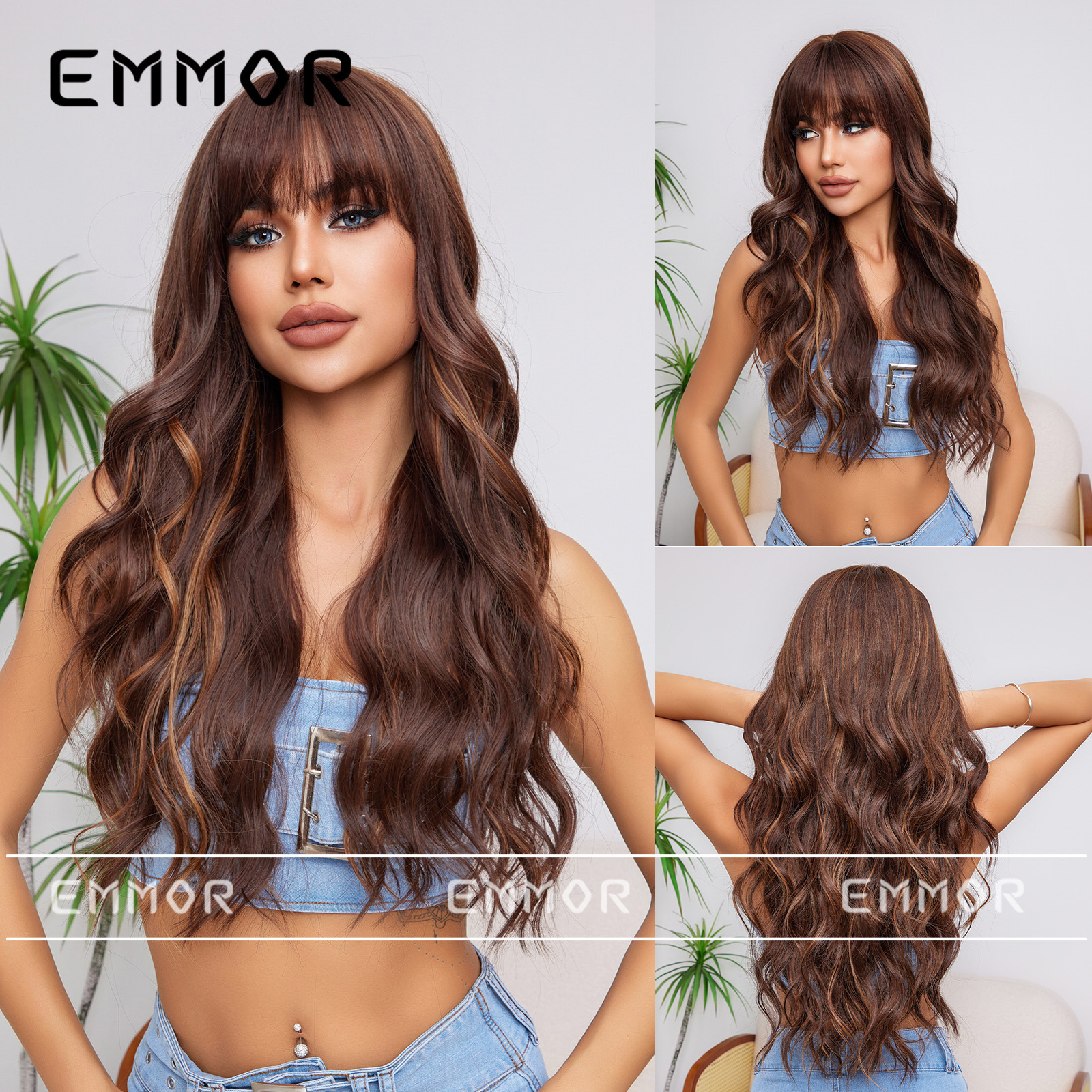 Peluca de pelo largo de las mujeres cubierta de la cabeza completa flequillo de aire natural superior largo pelo rizado moda perezoso agua ondulación peluca