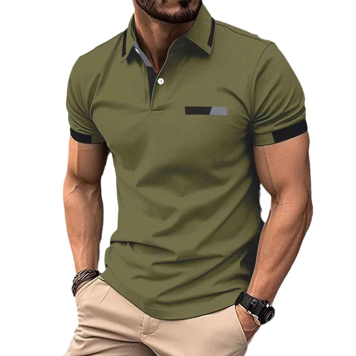 Amazon nuevo transfronterizo de los hombres de la camisa de polo ocasional pecho falso bolsillo solapa botón de negocios camiseta superior de los hombres