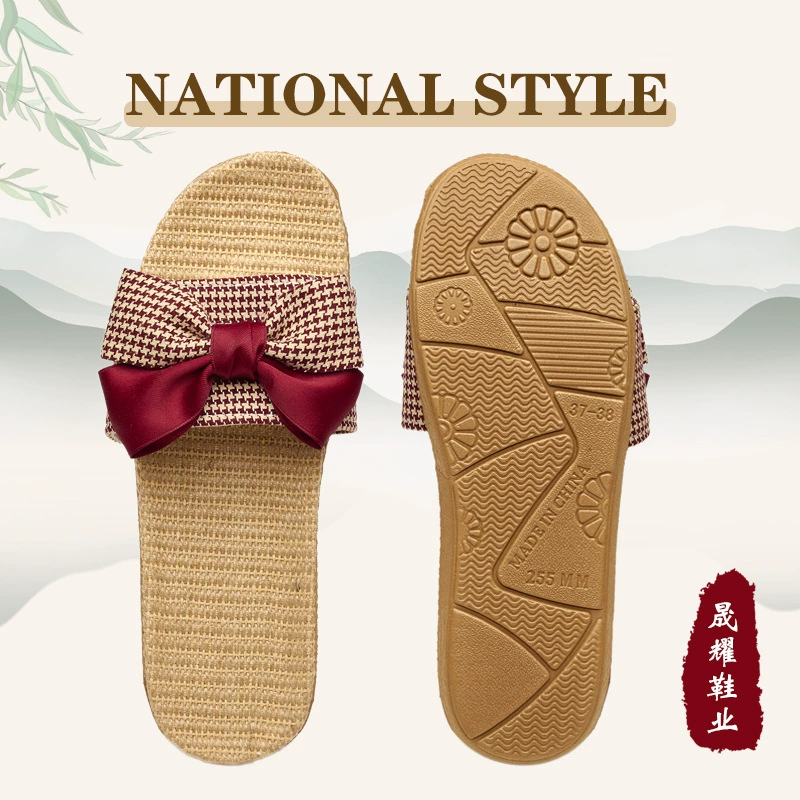 Новые льняные тапочки Four Seasons, домашние дышащие летние тапочки, повседневные домашние тапочки с бантом, впитывающие пот