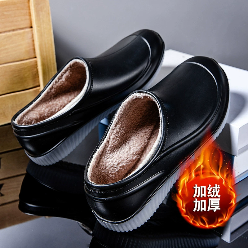 Интегрированную форму флуоресцентного дна модные мужские и женские дождевые туфли плюс бархат низкий уровень резиновая обувь пищевой завод пылезащитная фиксированная бархатная белая обувь зимой