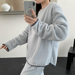 25新品韩风圆领套头雪粒绒睡衣女加绒加厚宽松极简家居服二件套装