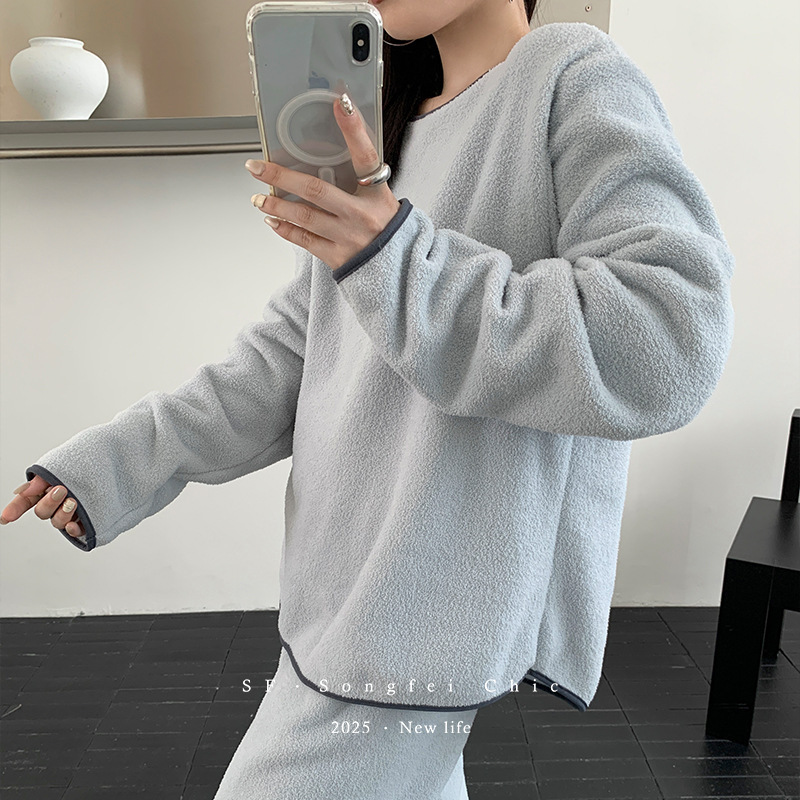 25新品韩风圆领套头雪粒绒睡衣女加绒加厚宽松极简家居服二件套装|undefined